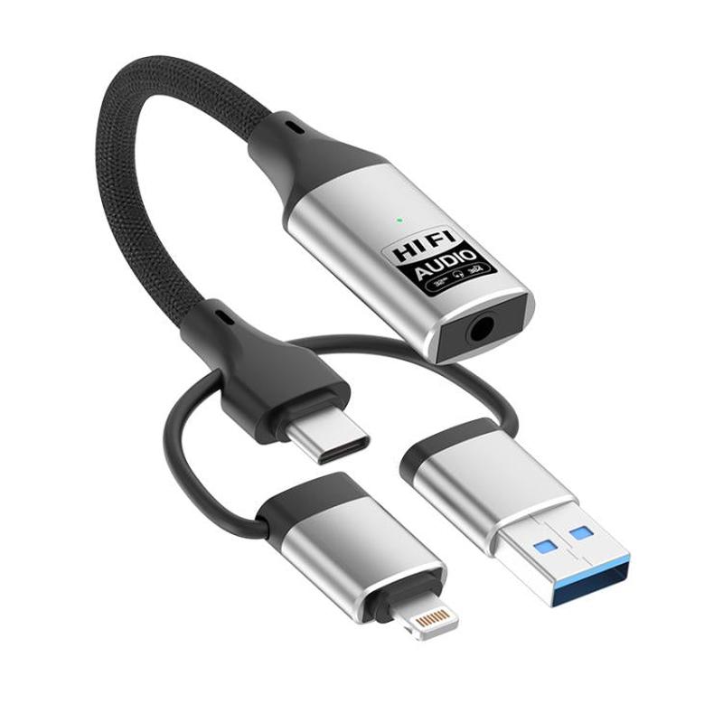 3 in 1 8 Pin, Type-C, USB to 3.5mm Multi-function External Sound Card(Silver)