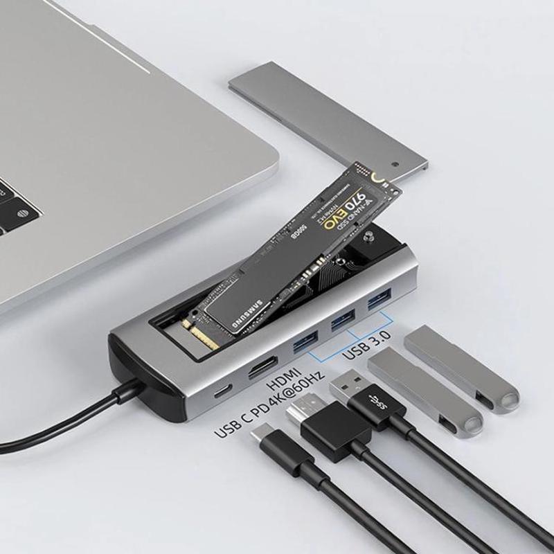 6-In-1 Type-C/USB-C To PD+HDMI (4K 30hz) +USB3.0 X 3+SATA/NVME SSD Docking Station
