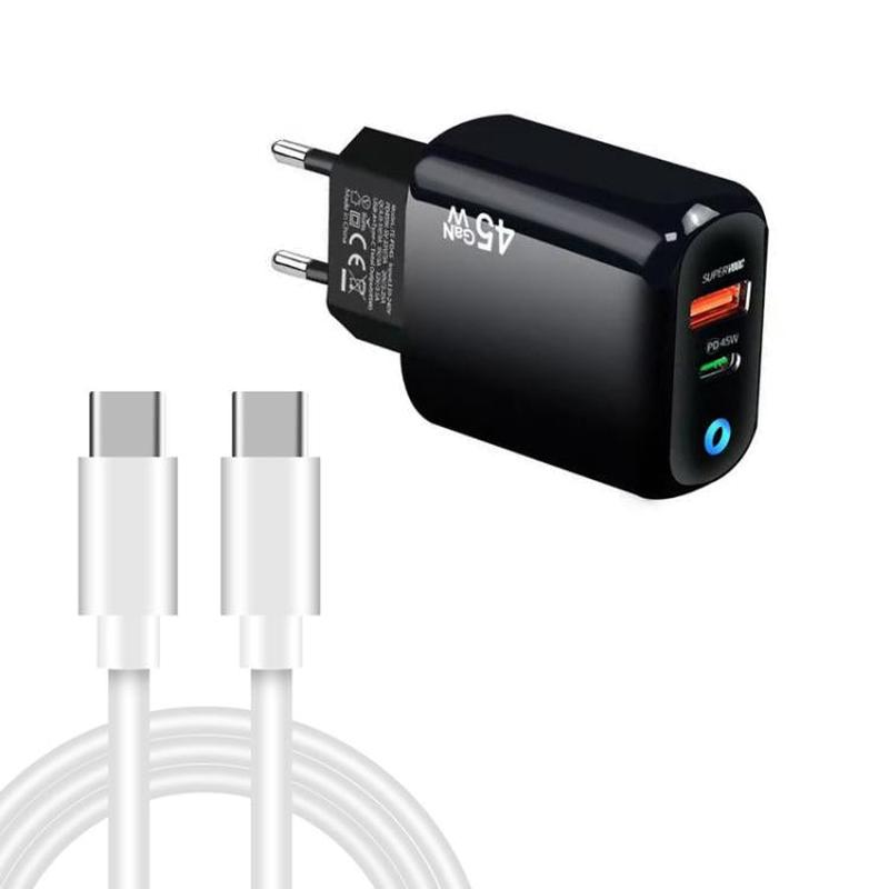 TE-PD45 GaN 45W PD3.0 / Type-C + USB 3.0 Charger with Type-C to Type-C Data Cable, EU Plug(Black)