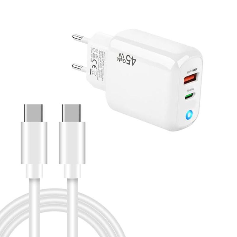 TE-PD45 GaN 45W PD3.0 / Type-C + USB 3.0 Charger with Type-C to Type-C Data Cable, EU Plug(White)