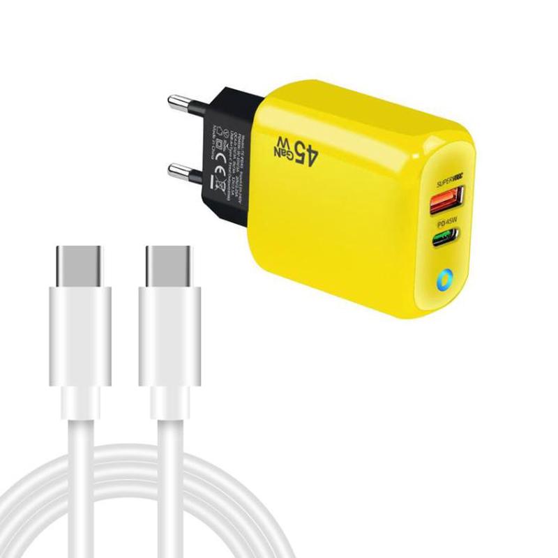 TE-PD45 GaN 45W PD3.0 / Type-C + USB 3.0 Charger with Type-C to Type-C Data Cable, EU Plug(Yellow)
