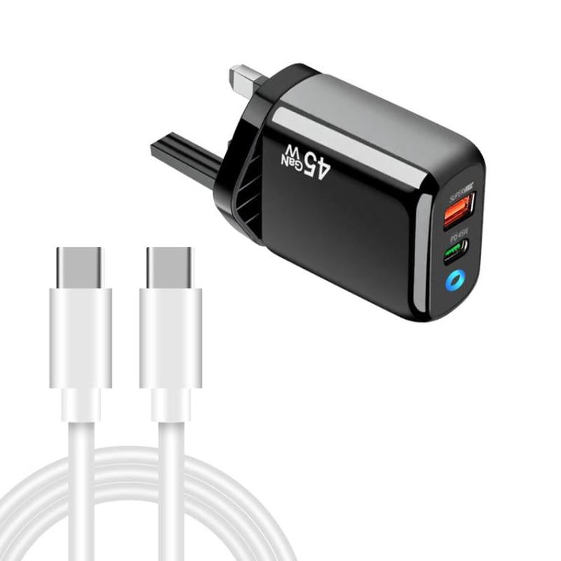 TE-PD45 GaN 45W PD3.0 / Type-C + USB 3.0 Charger with Type-C to Type-C Data Cable, UK Plug(Black)