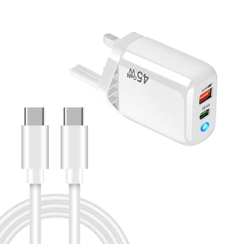 TE-PD45 GaN 45W PD3.0 / Type-C + USB 3.0 Charger with Type-C to Type-C Data Cable, UK Plug(White)
