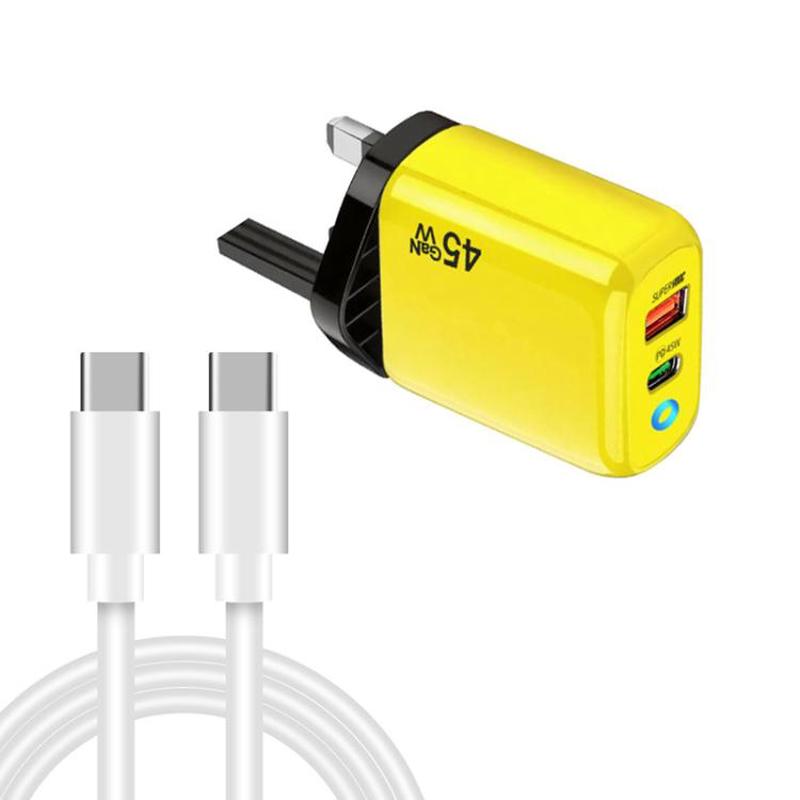 TE-PD45 GaN 45W PD3.0 / Type-C + USB 3.0 Charger with Type-C to Type-C Data Cable, UK Plug(Yellow)