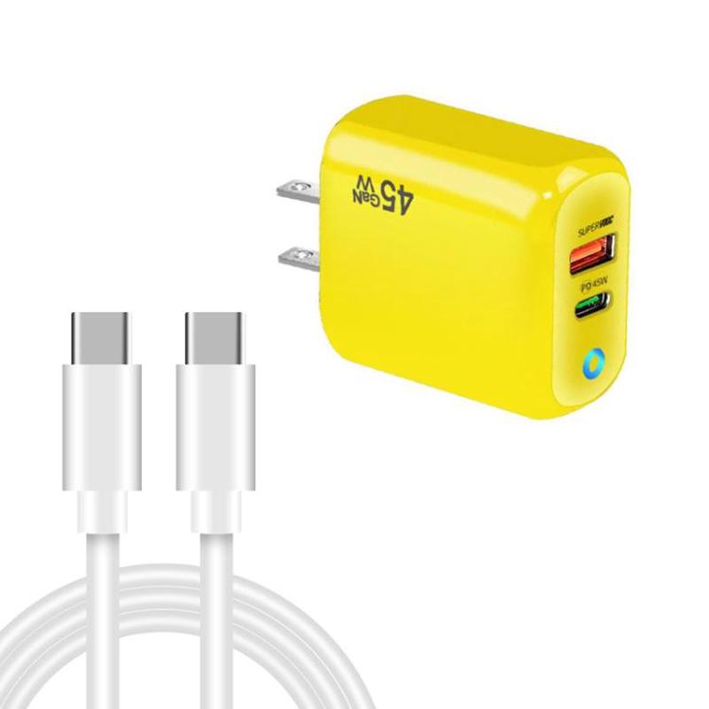 TE-PD45 GaN 45W PD3.0 / Type-C + USB 3.0 Charger with Type-C to Type-C Data Cable, US Plug(Yellow)