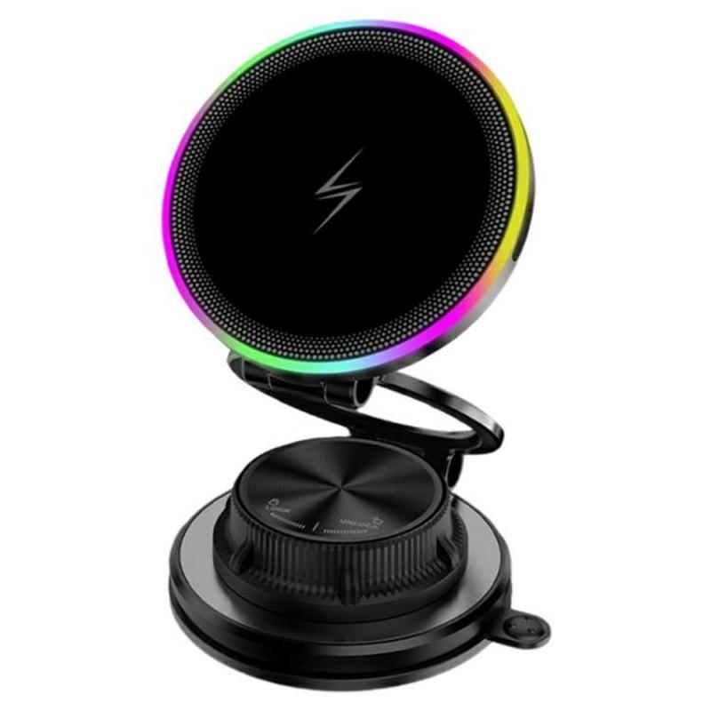 K8 RGB Light 15W Wireless Car Charger 3-Fold Rotatable Magnetic Phone Holder
