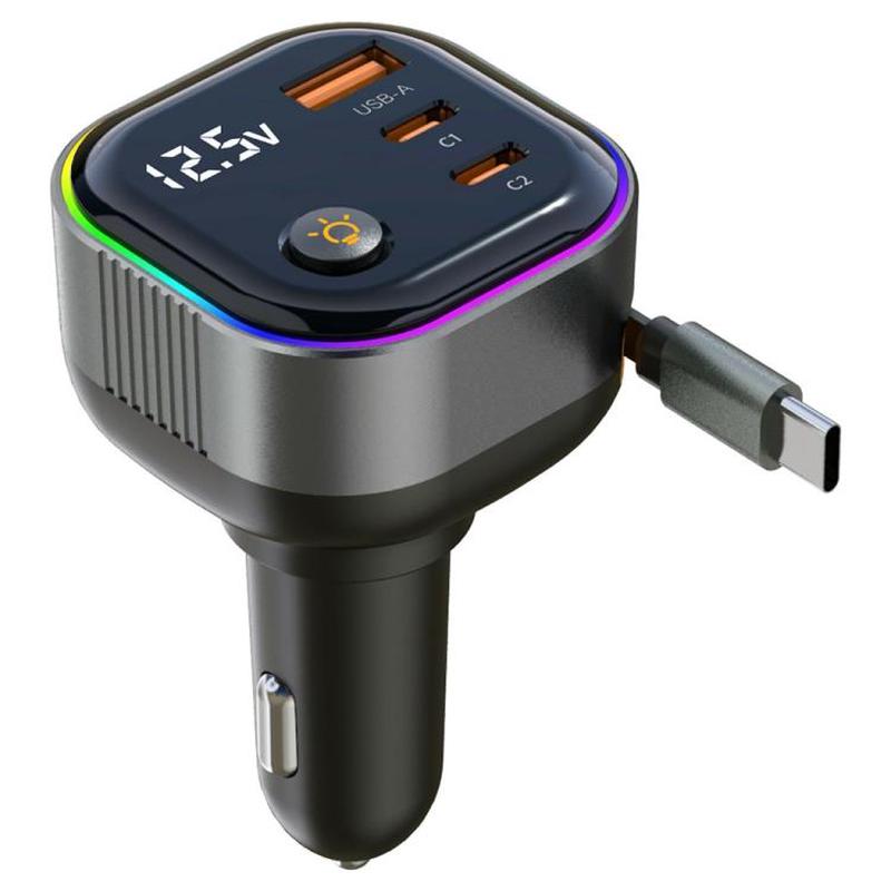 GE03 PD 65W Fast Charging Adapter Retractable Cable and Ambient Light Voltage Display Car Charger