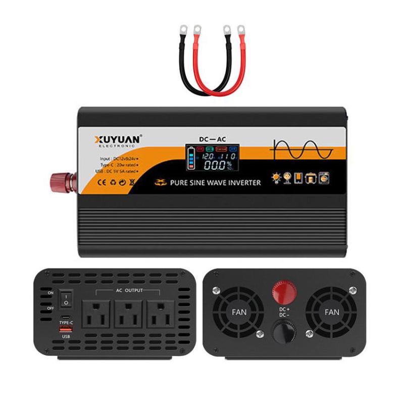XUYUAN 12V / 24V To 110V Pure Sine Wave Inverter Power Inverter US Plug, Spec: 3000W Black