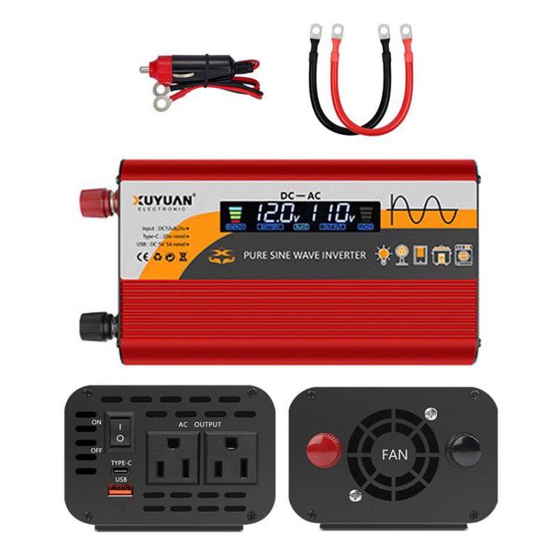 XUYUAN 12V / 24V To 110V Pure Sine Wave Inverter Power Inverter US Plug, Spec: 800W Red