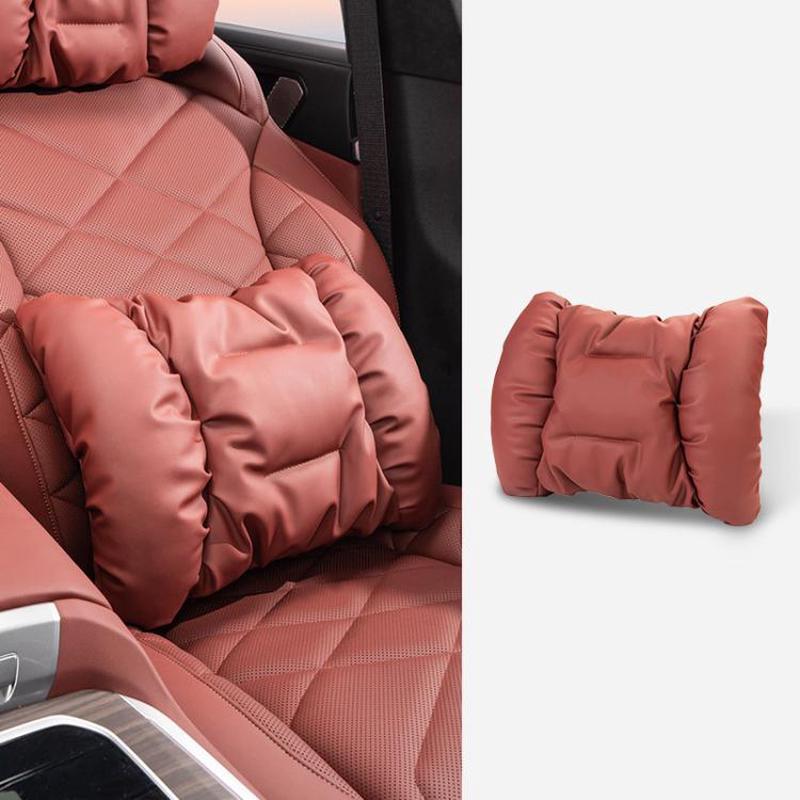 Car Stain-Resistant Leather Headrest Car Neck Pillow Lumbar Cushion Set, Spec: Backrest Red