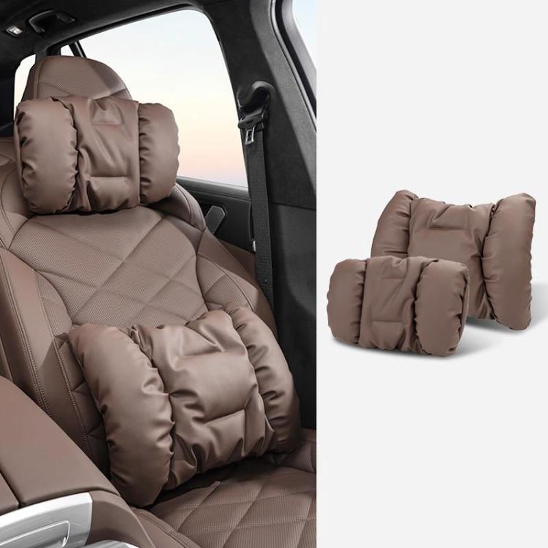 Car Stain-Resistant Leather Headrest Car Neck Pillow Lumbar Cushion Set, Spec: Headrest+Backrest Brwon