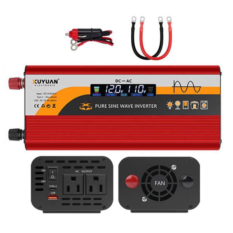 XUYUAN 12V / 24V To 110V Pure Sine Wave Inverter Power Inverter US Plug, Spec: 2000W Red