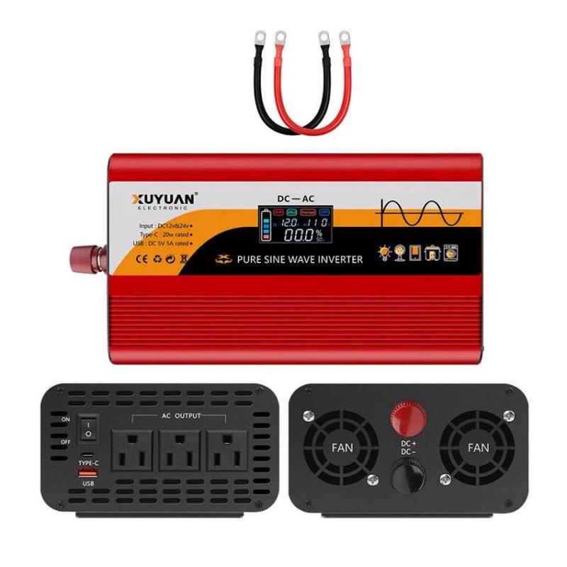 XUYUAN 12V / 24V To 110V Pure Sine Wave Inverter Power Inverter US Plug, Spec: 3000W Red
