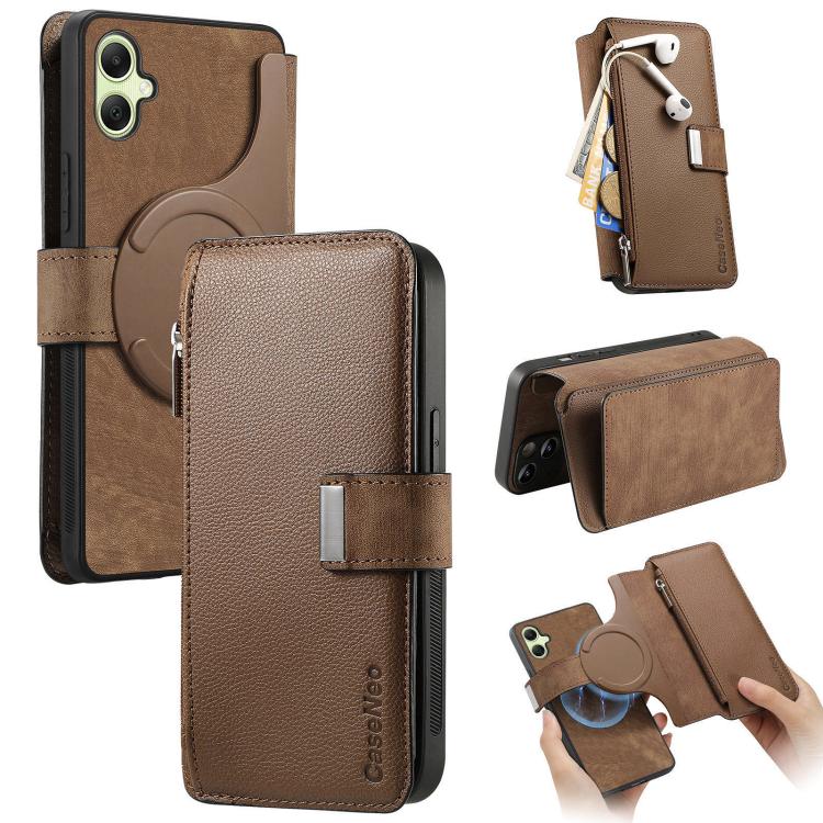 For Samsung Galaxy A06 CaseNeo MagSafe RFID Anti-theft Zipper Wallet Retro Leather Phone Case(Brown)