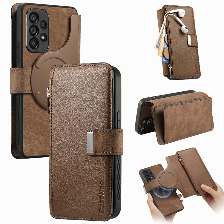 For Samsung Galaxy A53 CaseNeo MagSafe RFID Anti-theft Zipper Wallet Retro Leather Phone Case(Brown)