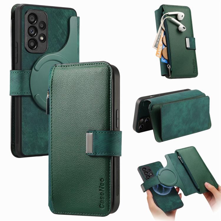 For Samsung Galaxy A53 CaseNeo MagSafe RFID Anti-theft Zipper Wallet Retro Leather Phone Case(Green)