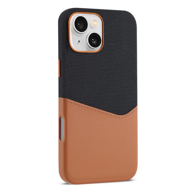 For iPhone 15 Kalebol Cloth Textue Stitching Card Slot Magnetic Phone Case(Brown)