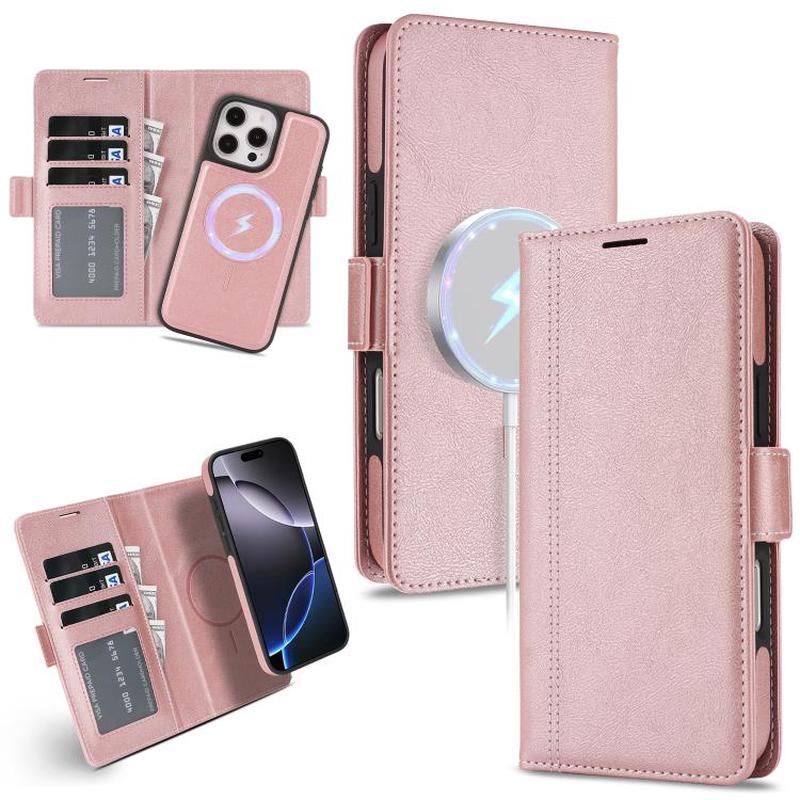 For iPhone 15 Pro Kalebol Strong Magnetic MagSafe Ring 2 In 1 Split Leather Phone Case(Rose Gold)