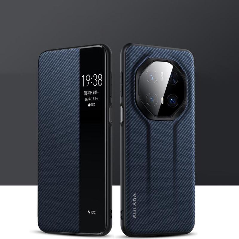 For Huawei Mate 70 RS Ultimate SULADA Kevlar 600D Texture Smart Window Leather Phone Case(Blue)