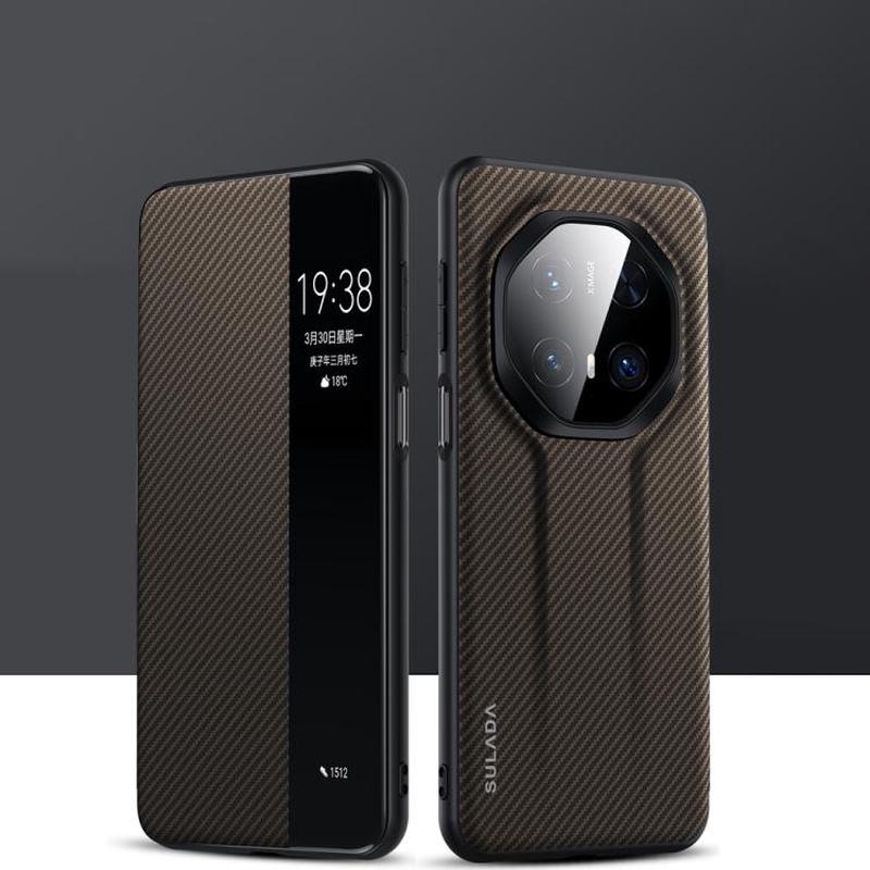 For Huawei Mate 70 RS Ultimate SULADA Kevlar 600D Texture Smart Window Leather Phone Case(Brown)