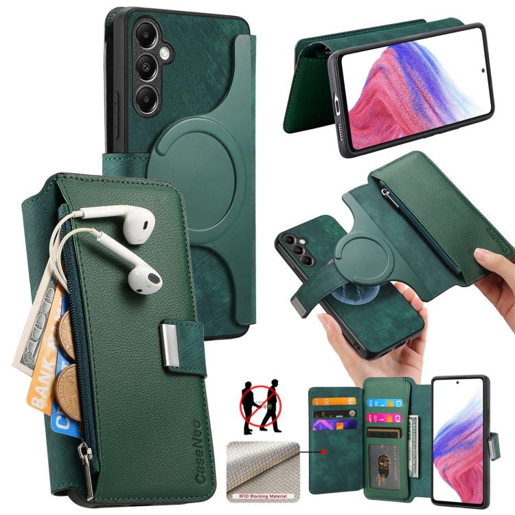 For Samsung Galaxy A14 5G CaseNeo MagSafe RFID Anti-theft Zipper Wallet Retro Leather Phone Case(Green)