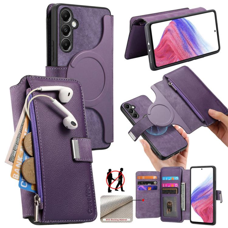 For Samsung Galaxy A14 5G CaseNeo MagSafe RFID Anti-theft Zipper Wallet Retro Leather Phone Case(Purple)