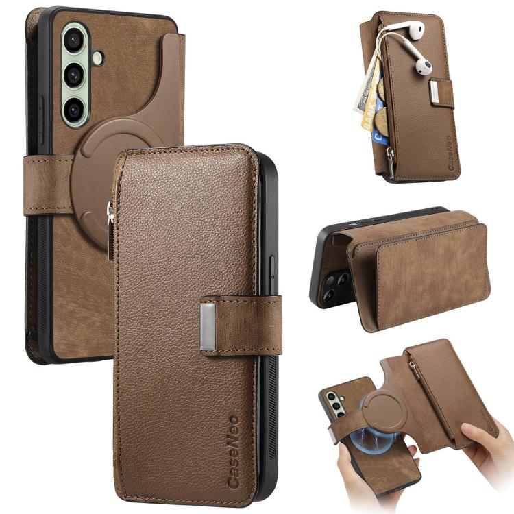 For Samsung Galaxy A17 4G / 5G CaseNeo MagSafe RFID Anti-theft Zipper Wallet Retro Leather Phone Case(Brown)