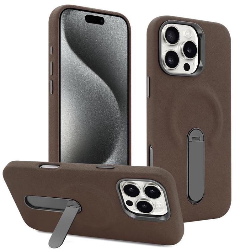 For iPhone 15 Pro VIETAO Suede MagSafe PU Leather Phone Case with Holder(Coffee Brown)