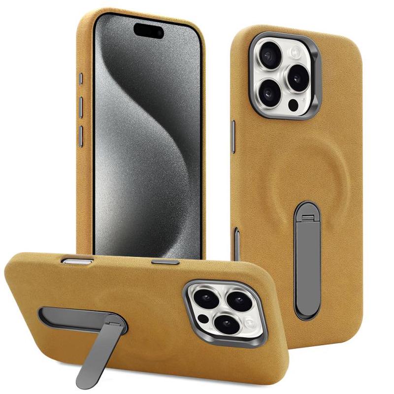 For iPhone 15 Pro VIETAO Suede MagSafe PU Leather Phone Case with Holder(Light Brown)