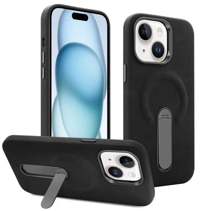 For iPhone 15 VIETAO Suede MagSafe PU Leather Phone Case with Holder(Black)