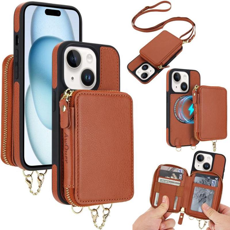 For iPhone 15 AwQuer 2 in 1 Crossbody Zipper Wallet Leather Back Phone Case(Brown)