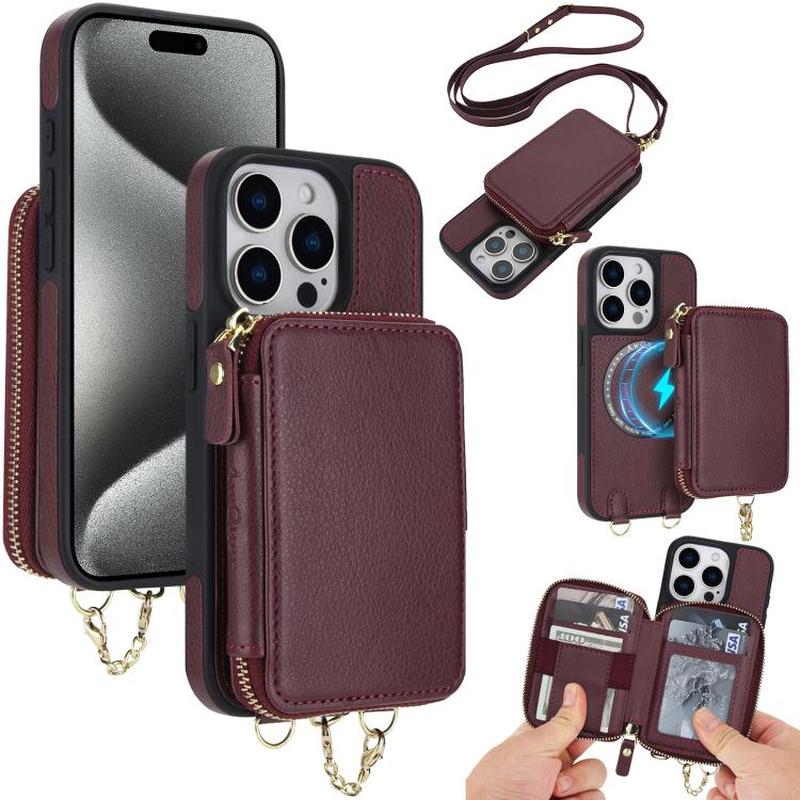 For iPhone 15 Pro AwQuer 2 in 1 Crossbody Zipper Wallet Leather Back Phone Case(Wine Red)