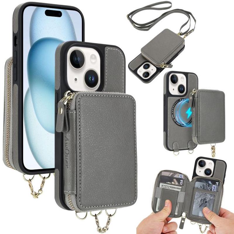 For iPhone 15 AwQuer 2 in 1 Crossbody Zipper Wallet Leather Back Phone Case(Grey)