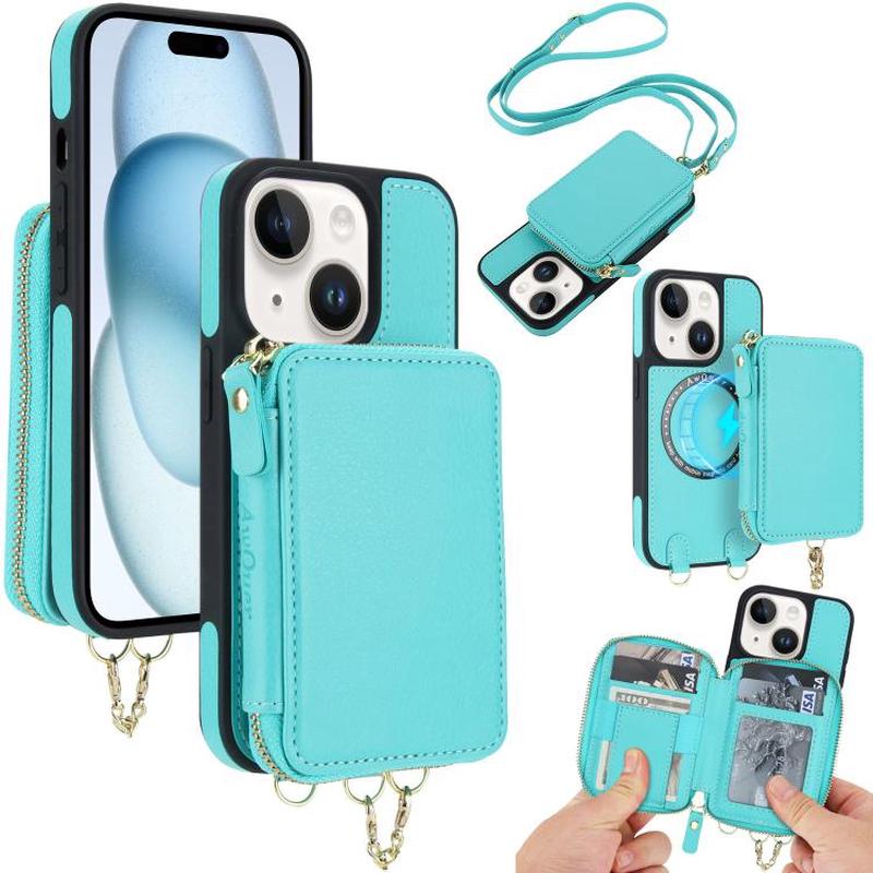 For iPhone 15 AwQuer 2 in 1 Crossbody Zipper Wallet Leather Back Phone Case(Light Green)