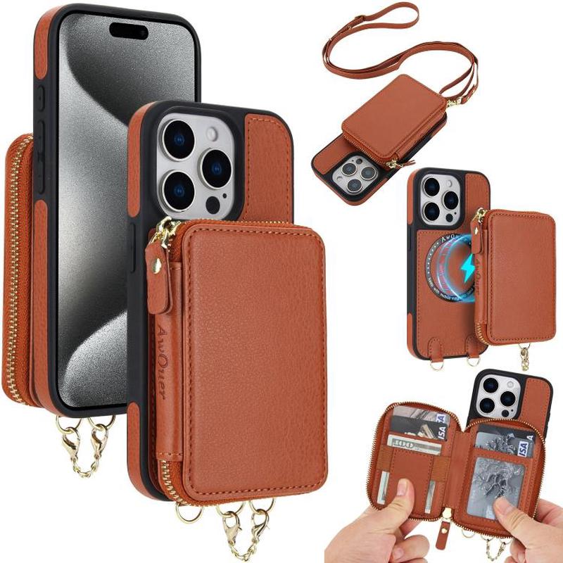 For iPhone 15 Pro AwQuer 2 in 1 Crossbody Zipper Wallet Leather Back Phone Case(Brown)