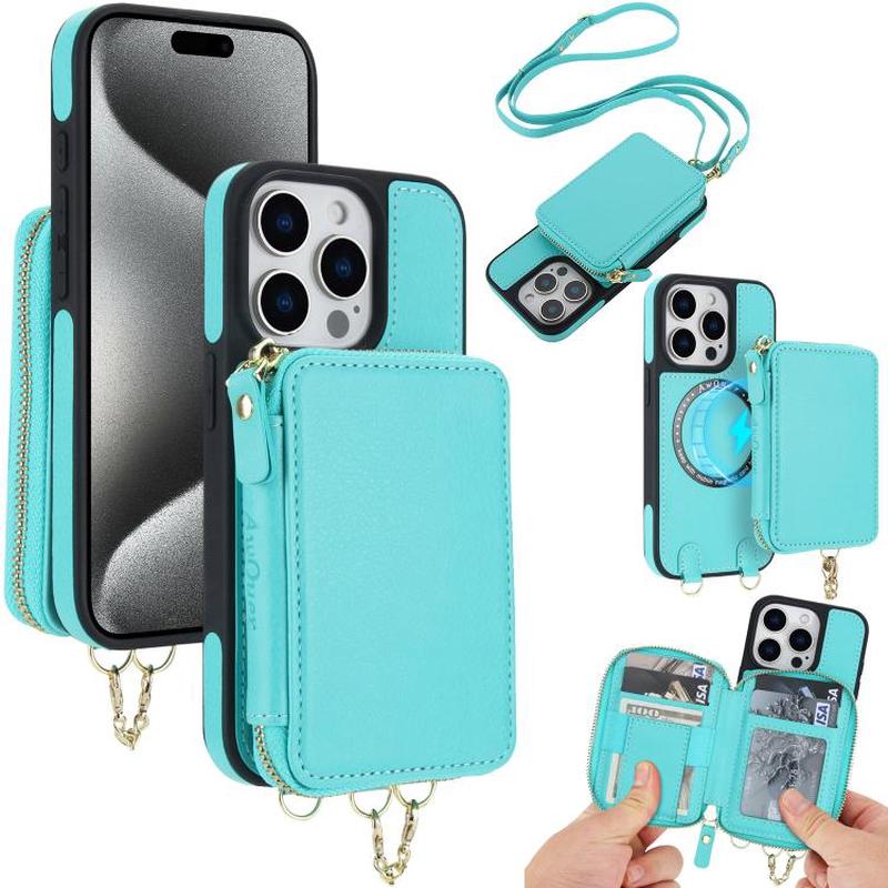For iPhone 15 Pro AwQuer 2 in 1 Crossbody Zipper Wallet Leather Back Phone Case(Light Green)