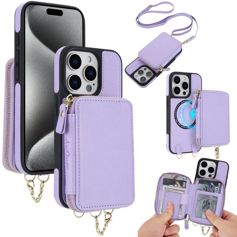 For iPhone 15 Pro AwQuer 2 in 1 Crossbody Zipper Wallet Leather Back Phone Case(Light Purple)