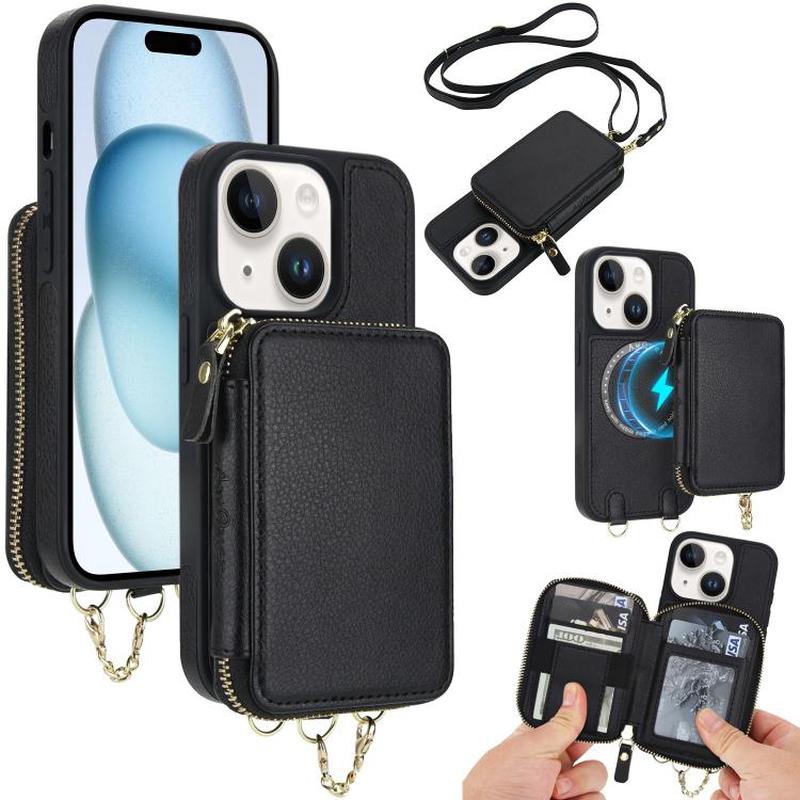 For iPhone 15 AwQuer 2 in 1 Crossbody Zipper Wallet Leather Back Phone Case(Black)