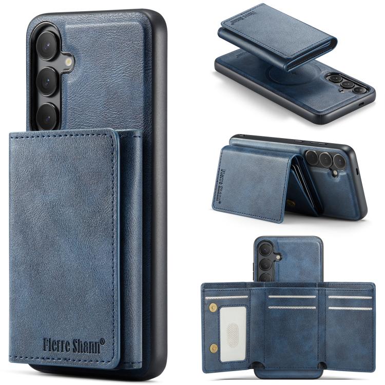 For Samsung Galaxy S24 5G Fierre Shann 2 in 1 Holder RFID Card Slot Wallet MagSafe Phone Case(Blue)
