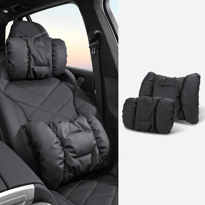 Car Stain-Resistant Leather Headrest Car Neck Pillow Lumbar Cushion Set, Spec: Headrest+Backrest Black