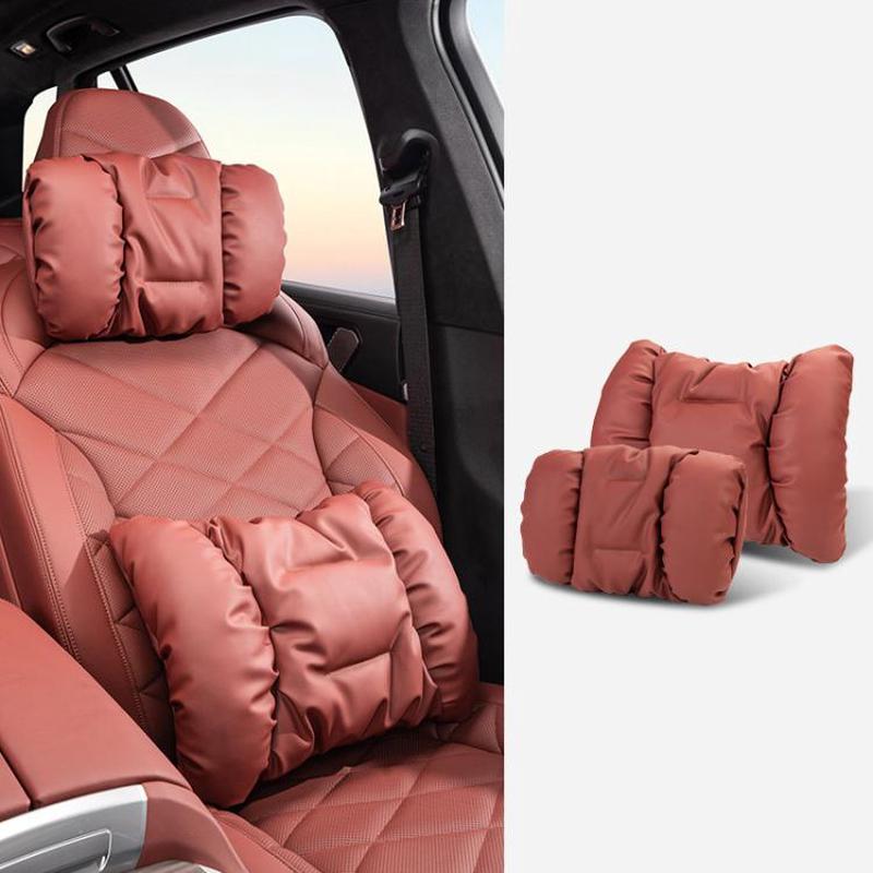 Car Stain-Resistant Leather Headrest Car Neck Pillow Lumbar Cushion Set, Spec: Headrest+Backrest Red