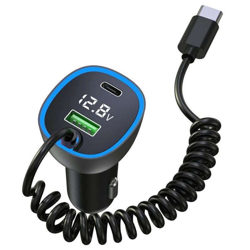 GE05 Retractable Cable USB + Type-C Car Charger Voltage Display PD 65W Fast Charging Adapter