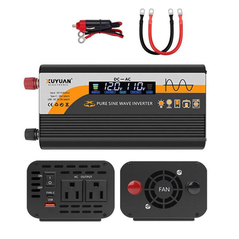 XUYUAN 12V / 24V To 110V Pure Sine Wave Inverter Power Inverter US Plug, Spec: 1400W Black