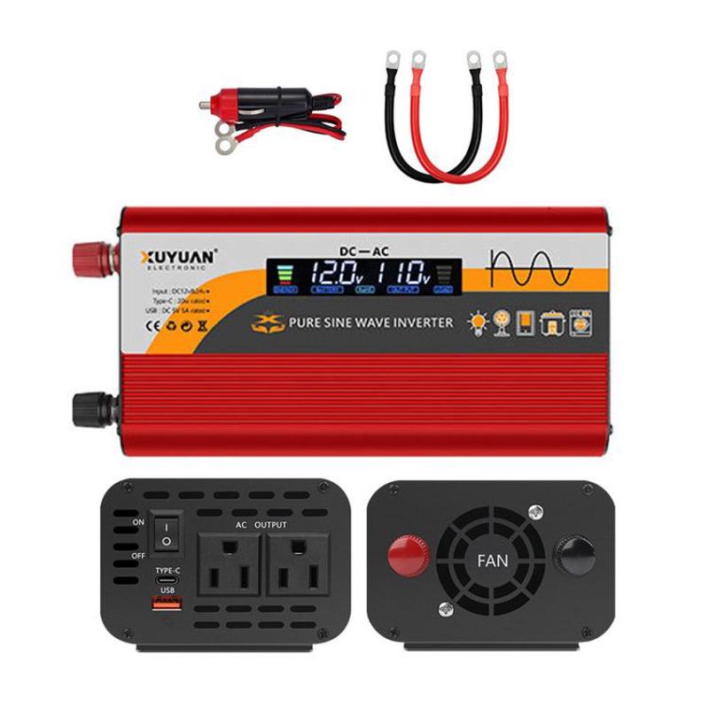 XUYUAN 12V / 24V To 110V Pure Sine Wave Inverter Power Inverter US Plug, Spec: 1400W Red