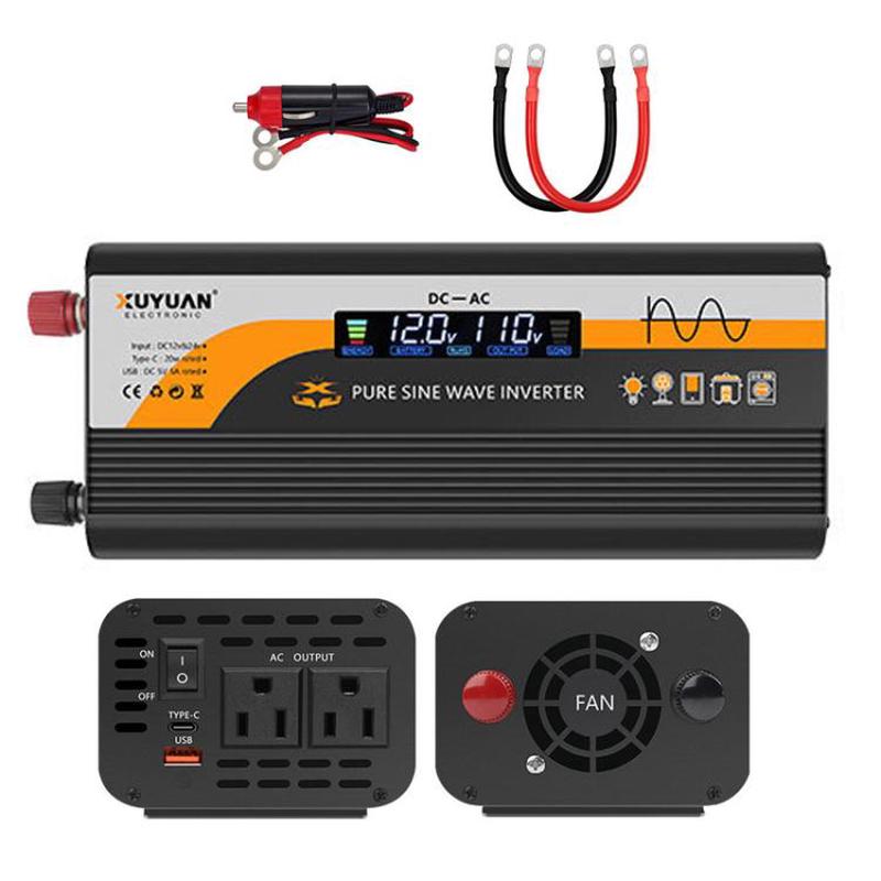 XUYUAN 12V / 24V To 110V Pure Sine Wave Inverter Power Inverter US Plug, Spec: 2000W Black