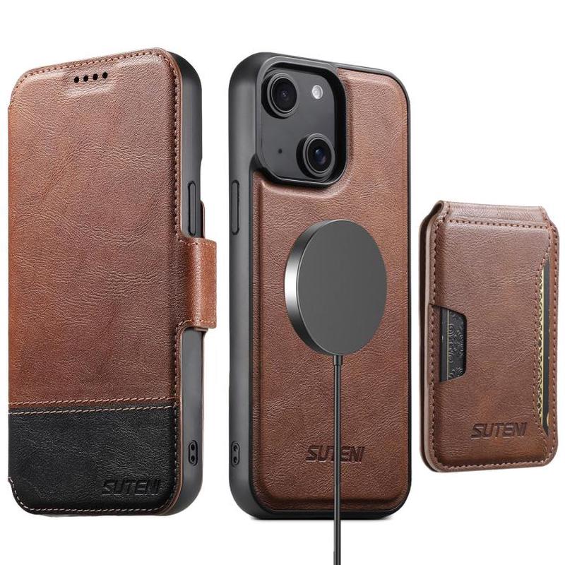 For iPhone 15 Suteni Q06S3 3-in-1 Splicing Detachable Vertical Flip Wallet MagSafe Leather Phone Case(Brown)