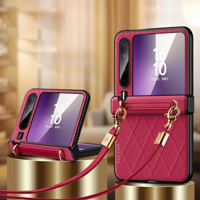 For Huawei Pura X SULADA Elegant Rhombic Texture Folding Phone Case with Lanyard(Red)