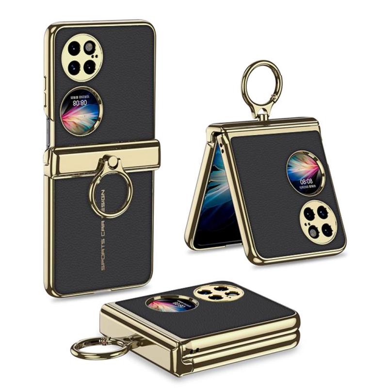 For Huawei P50 Pocket GKK Magnetic Folding Hinge Electroplated Plain Leather Phone Case with Ring(Black)