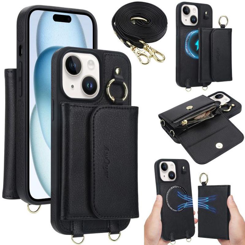 For iPhone 15 AwQuer 2 in 1 Crossbody Wallet Leather Back Phone Case(Black)