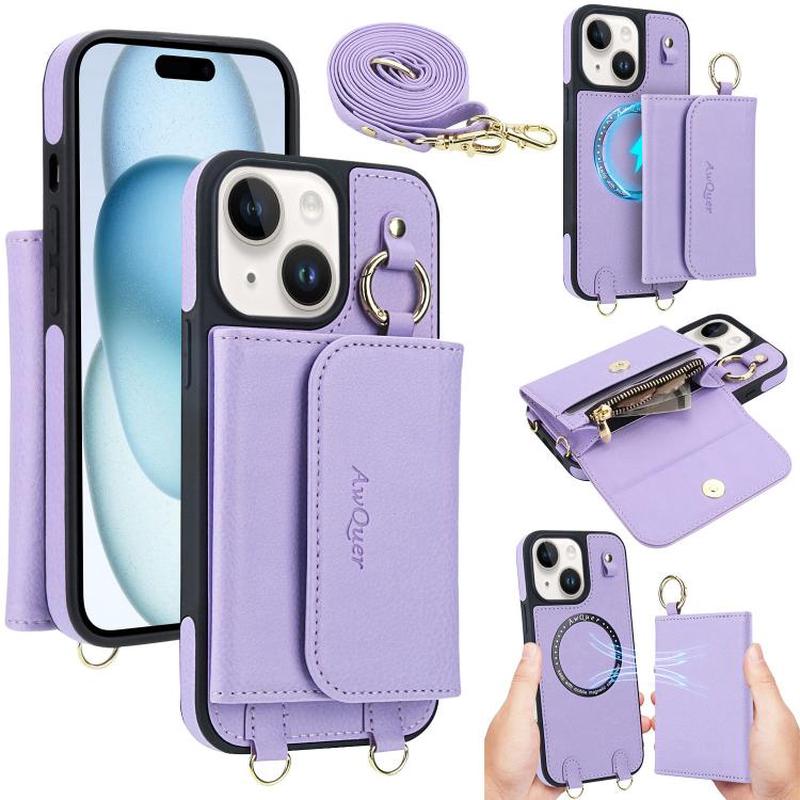 For iPhone 15 AwQuer 2 in 1 Crossbody Wallet Leather Back Phone Case(Light Purple)